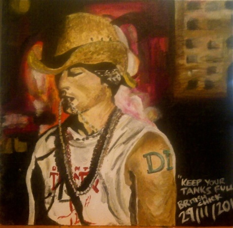 Painting of tattooed guy wearing cowboy hat and wearing a short sleeved shirt.