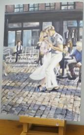 Painting of a man and a woman dancing on cobblestones, probably in Camden, London.